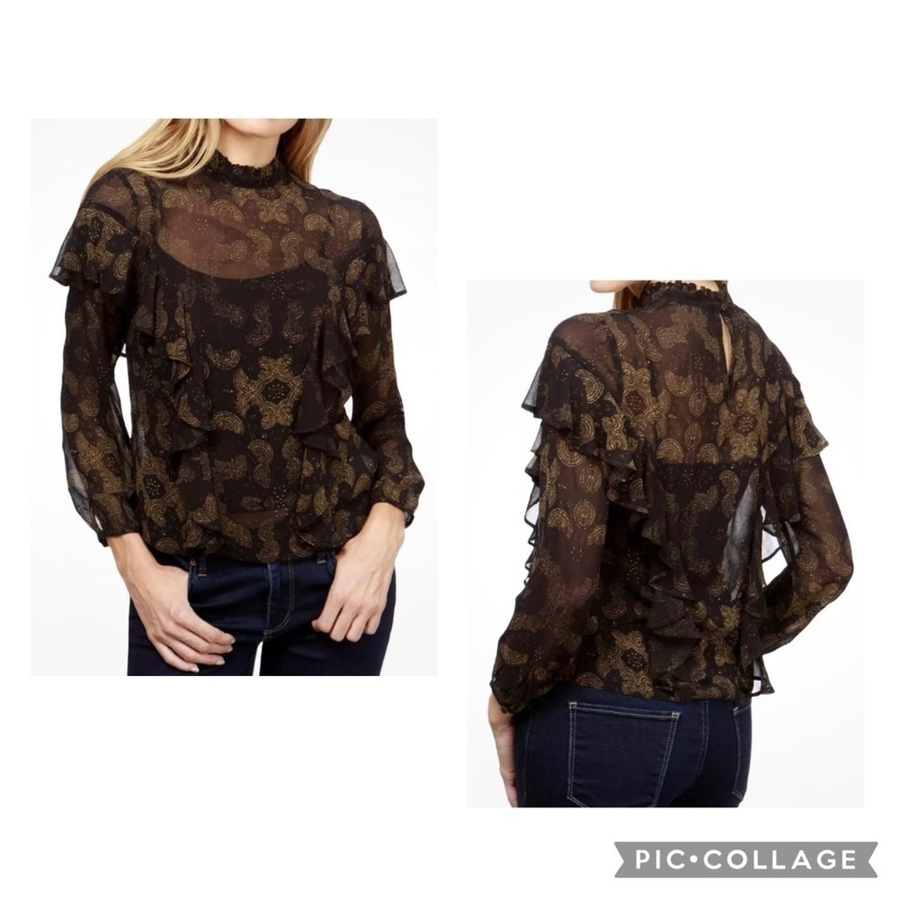 LUCKY BRAND Women’s Black Metallic Gold High Neck Ruffle Sleeve Sheer Top Size S
